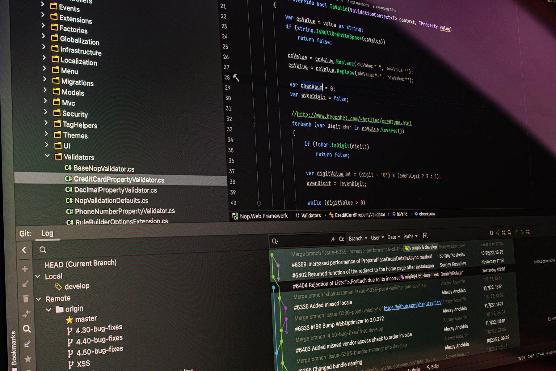Source code and version control tooling on a developer screen